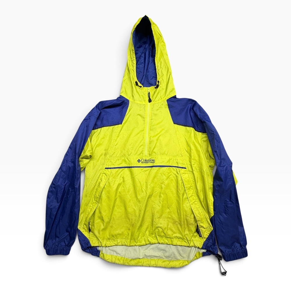 Columbia Sportswear Mens XL Vintage Packable Windbreaker Anorak Neon Yellow Blue